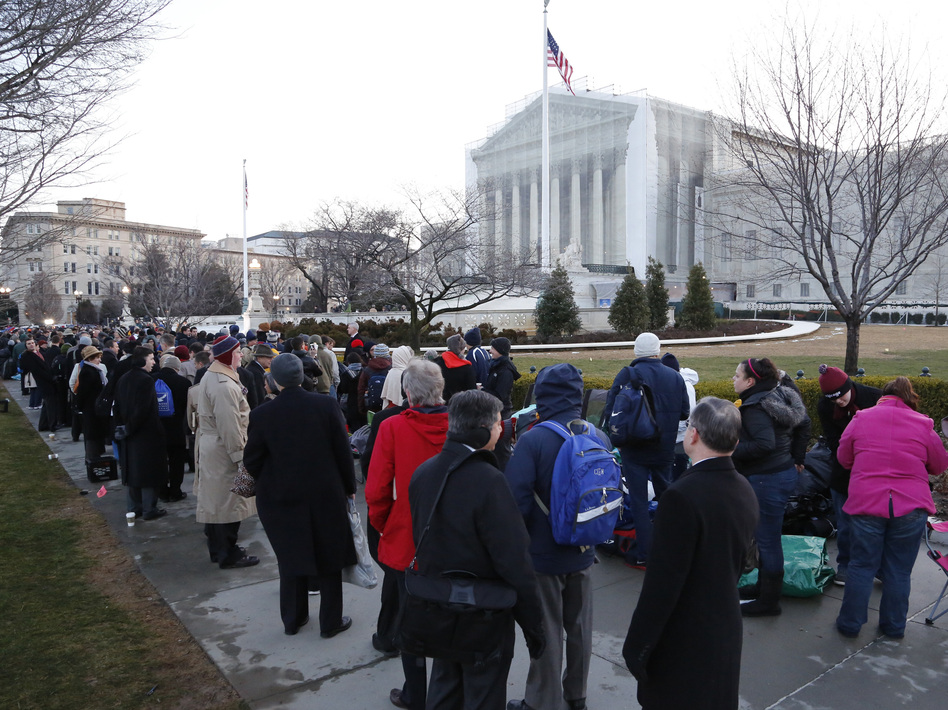 The line was long Tuesday outside the Supreme Court in Washington, D.C., as spectators came to hear the oral arguments about California's Proposition 8. (Jonathan Ernst /Reuters /Landov)