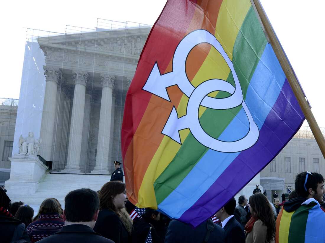 A supporter of same-sex marriage holds a rainbow flag outside of the Supreme Court on the day the high court hears the case challenging the Defense of Marriage Act.