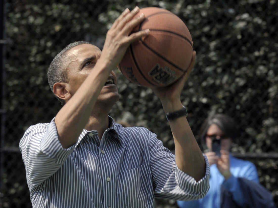 President Barack Obama shoots a basketball during the annual Easter Egg Roll on the South Lawn of the White House on April 1.