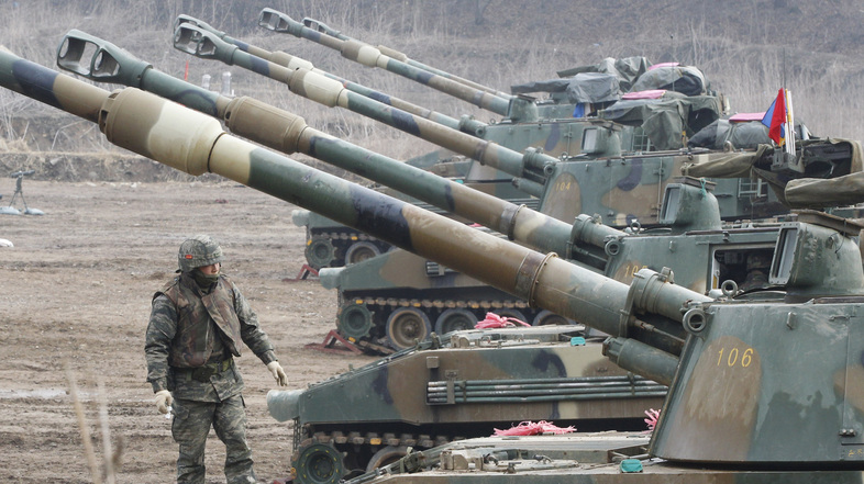 South Korea conducts military exercises near the border with North Korea on Wednesday. (Ahn Young-joon/AP)