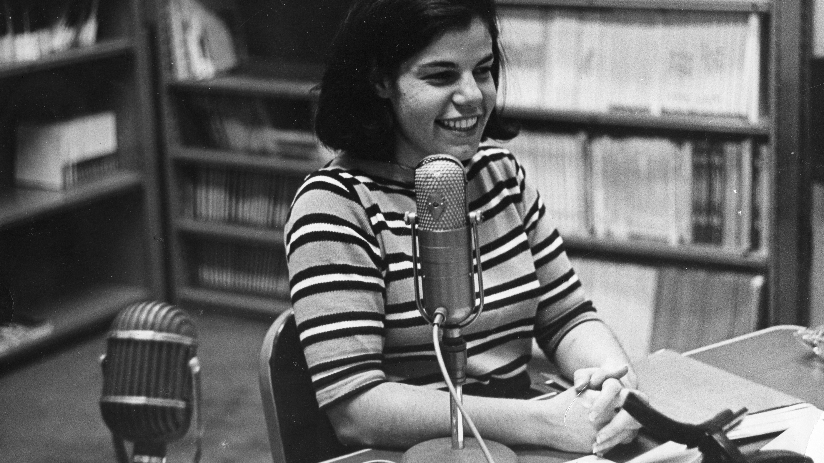 The earliest photo of Susan Stamberg at a microphone, age 25. Later, as the host of <em>All Things Considered,</em> she became the first woman to be a full-time anchor of a national nightly news broadcast in the U.S. (Courtesy of Susan Stamberg)
