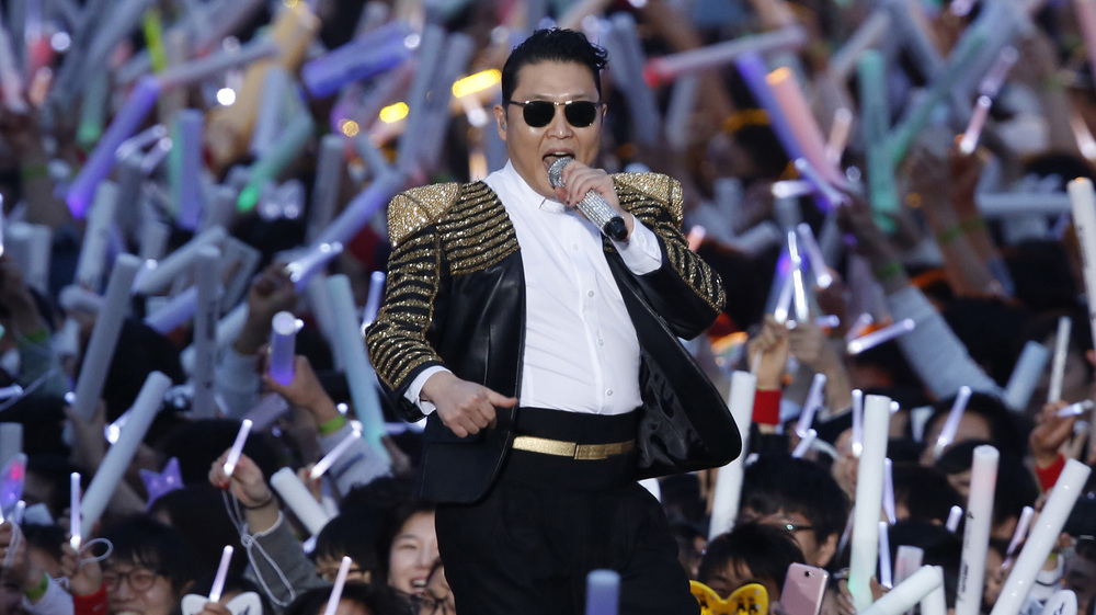 South Korean rapper PSY performs at his concert in Seoul, South Korea on Saturday. (AP)