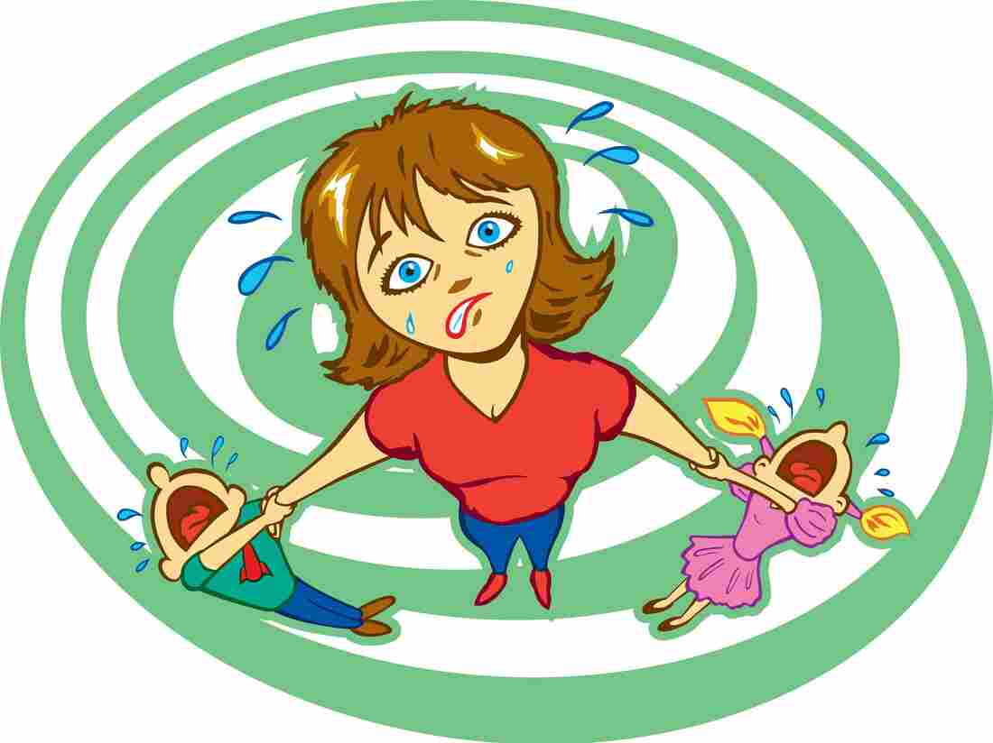 An illustration of a mother with two crying children.