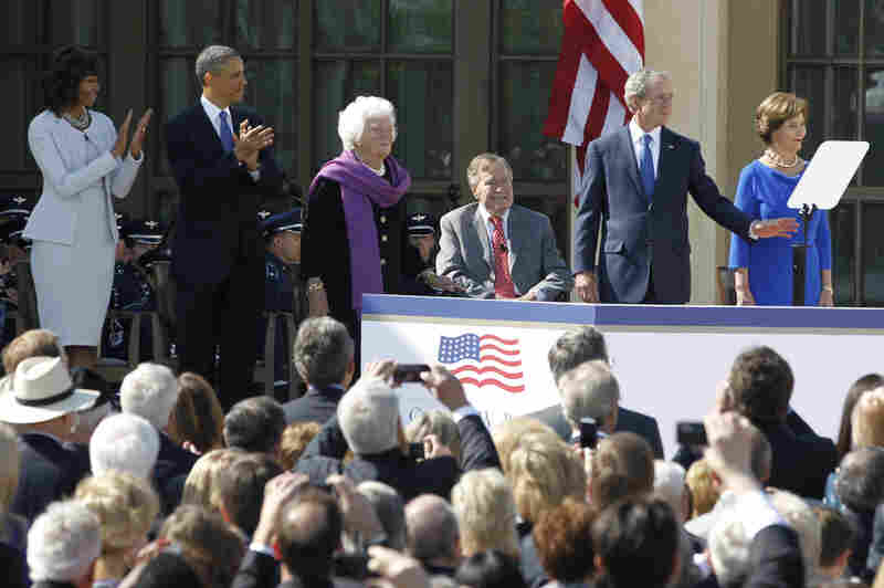 First lady Michelle Obama, President Obama, former first lady Barbara Bush, former President George H.W. Bush, former President George W. Bush and former first lady Laura Bush arrive at the dedication for the George W. Bush Presidential Center on the campus of Southern Methodist University in Dallas, Texas.