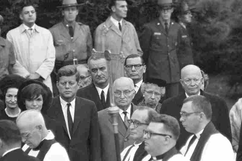 President John F. Kennedy is joined by two former presidents during services at the grave of former first lady Eleanor Roosevelt in the rose garden of the Roosevelt estate at Hyde Park, N.Y., on Nov. 10, 1962.