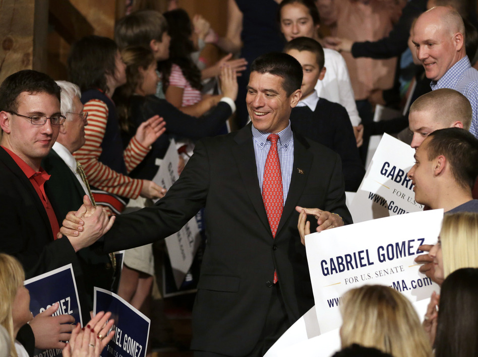 Republican Senate hopeful Gabriel Gomez celebrates with supporters as he makes his way to the stage to deliver a victory speech Tuesday in Cohasset, Mass. (Steven Senne/AP)