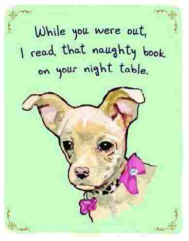 A dog under a caption reading "while you were out, I read that naughty book on your night table."