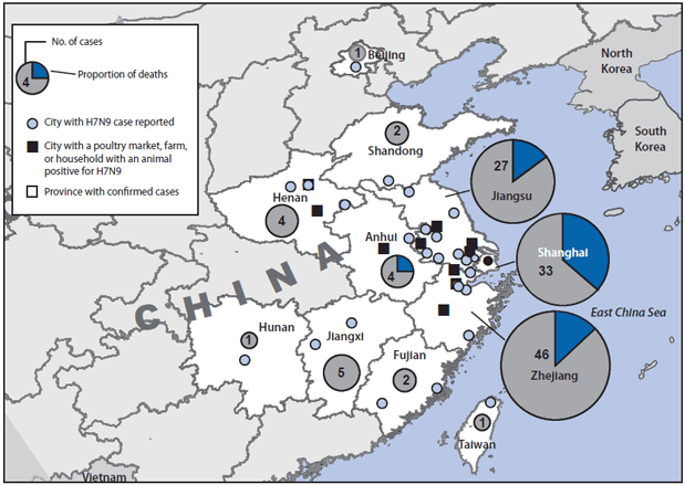 Officials Prepare For Another Flu Pandemic — Just In Case 1 A map of eastern China, showing the locations of reported H7N9 bird flu cases from Feb. 19 to April 29.