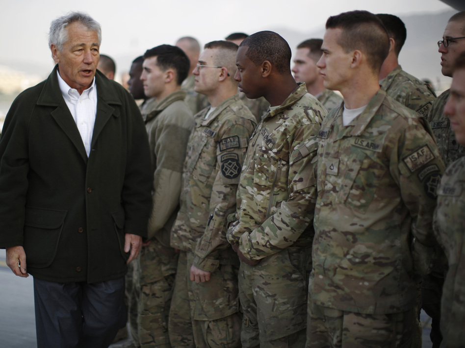 Secretary of Defense Chuck Hagel with U.S. troops in Kabul, Afghanistan, on March 11. (Jason Reed/pool/Getty Images)