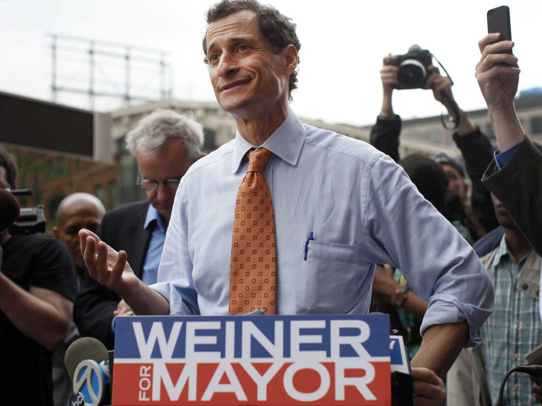 New York City mayoral hopeful Anthony Weiner speaks to reporters during a campaign event on May 23.