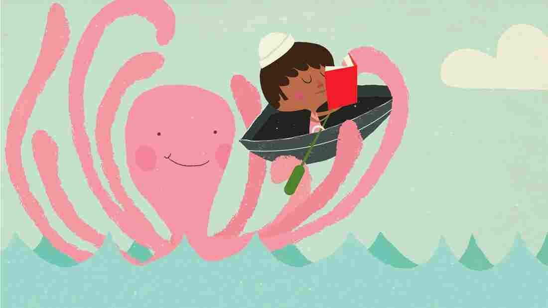 Illustration: A little boy in a boat reads a book as the boat is picked up by an octopus.