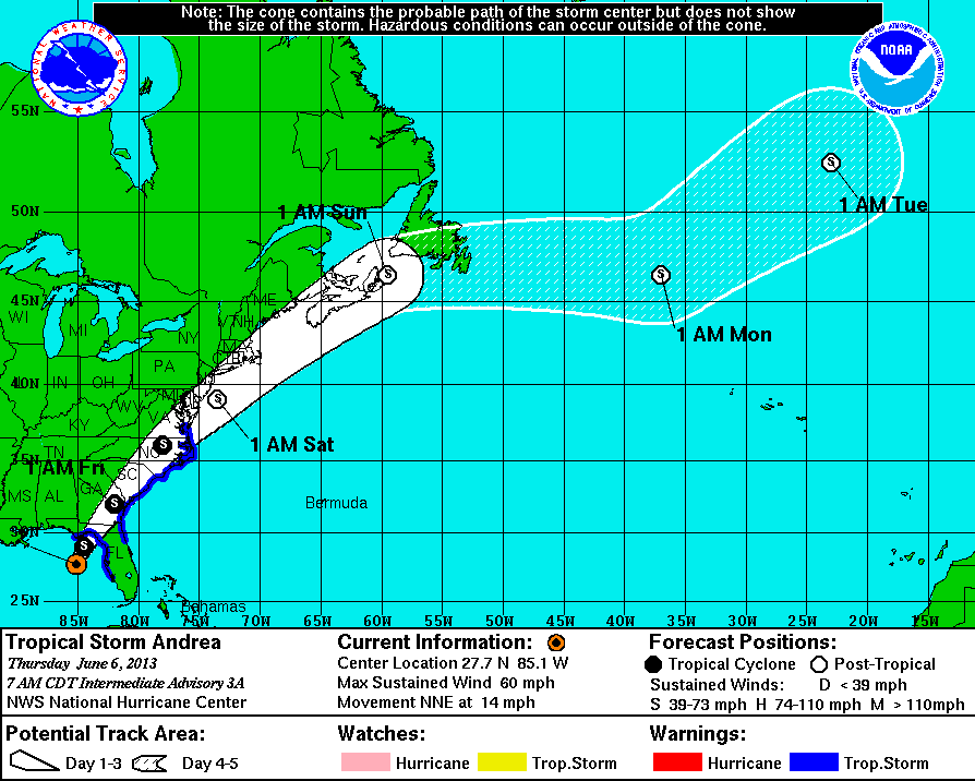 The forecast path of Tropical Storm Andrea.