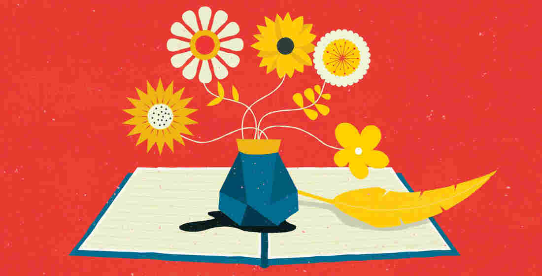 Illustration: A vase of flowers on top of a book.