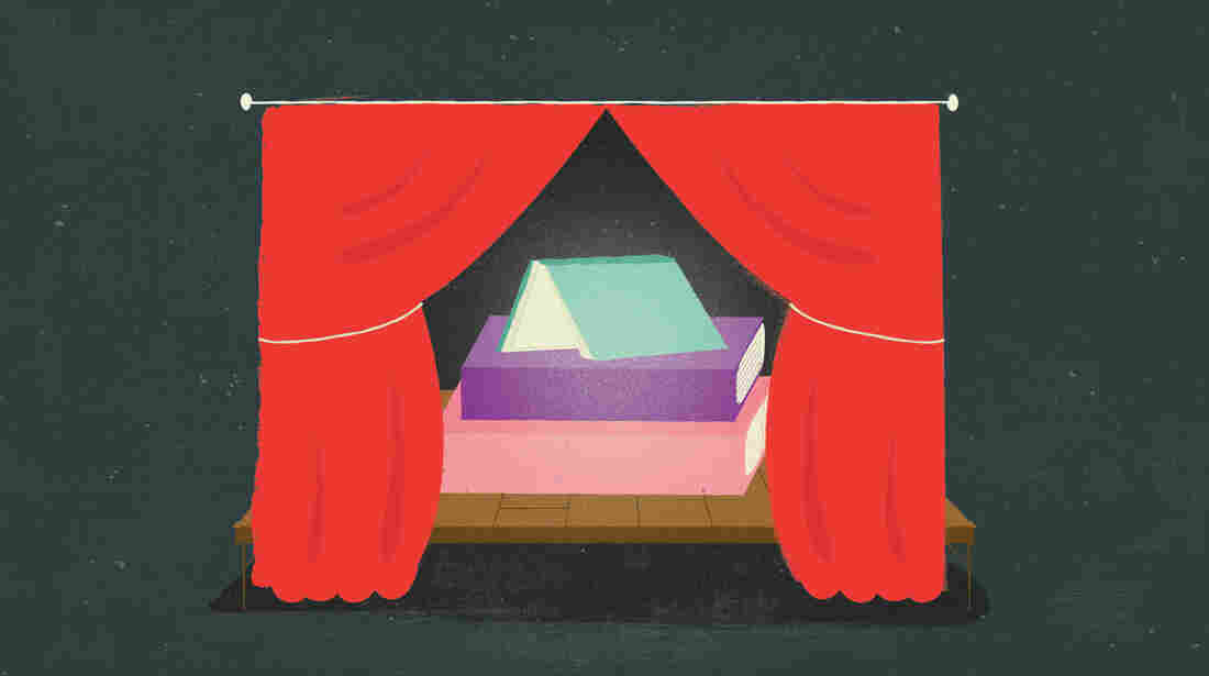 Illustration: Books on a stage framed by red curtains.