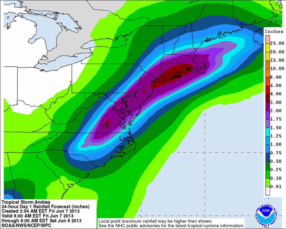A map showing the amount of rainfall forecast during the next 24 hours. (National Weather Service)