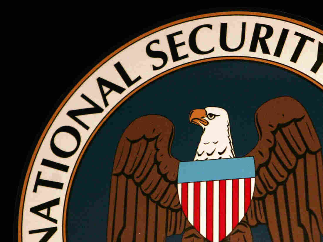 The logo of the National Security Agency (NSA) at the Threat Operations Center in Fort Meade, Md.