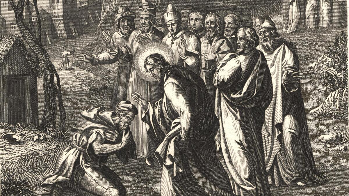 A woodcut from the 1800s, Healing the Lepers, depicts the common tableau of Jesus healing a leper as his disciples look on.