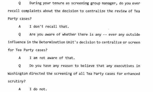 Excerpt from a transcript of an interview between congressional investigators and a screening group manager in the IRS Cincinnati field office.