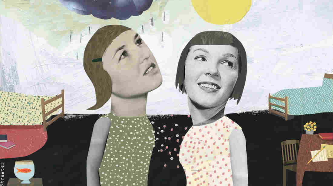 Illustration of roommates, one gloomy, one cheery.