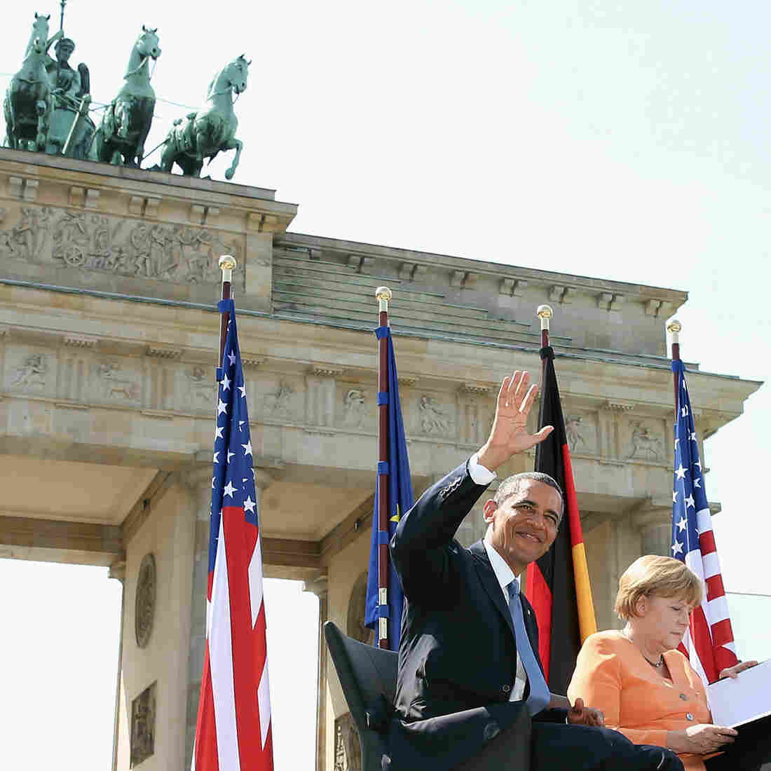 President Obama and German Chancellor Angela Merkel arrive to speak at the Brandenburg Gate in Berlin on Wednesday.