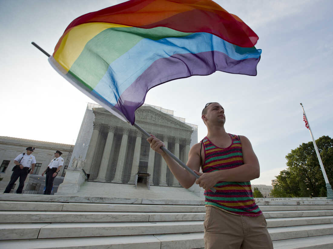 Gay rights advocate Vin Testa waves a rainbow flag in front of the Supreme Court on June 26, 2013.