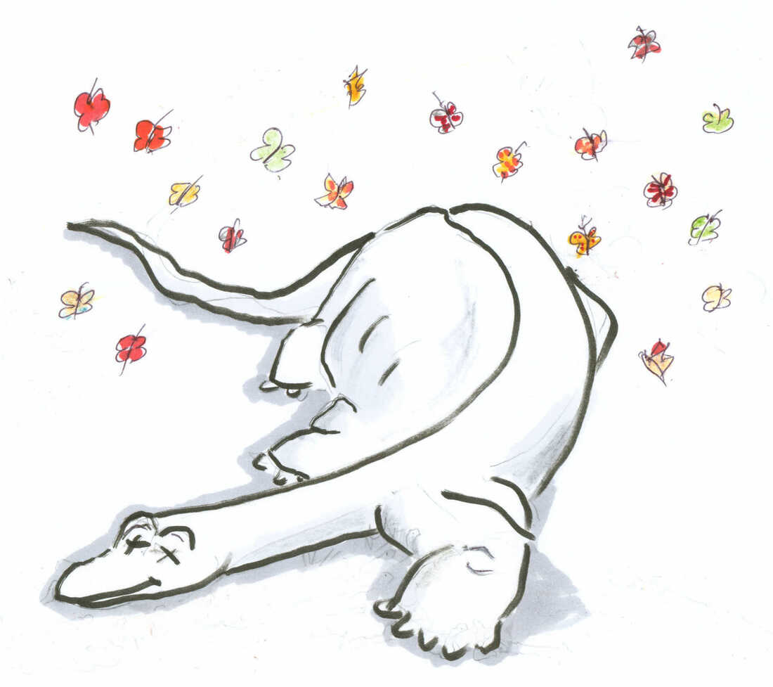 Dead dinosaur with butterflies