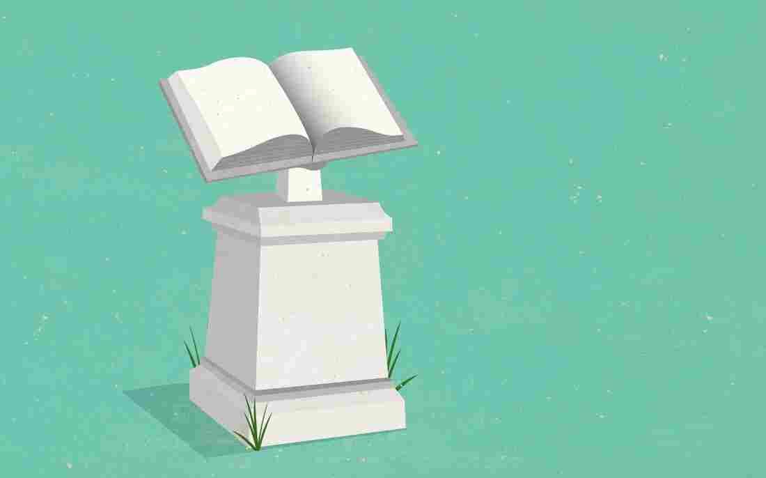 Illustration: sculpture of a book on a pedestal.