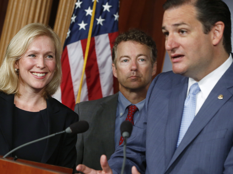 Sen. Kirsten Gillibrand, a New York Democrat, at a news conference Tuesday with Republican Sens. Ted Cruz of Texas (right) and Rand Paul of Kentucky. Paul and Cruz have endorsed Gillibrand's bill regarding sexual assault in the military. (Charles Dharapak/AP)