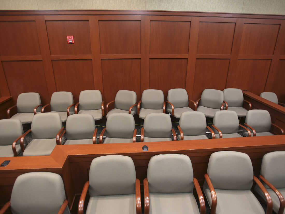 The jury box for the George Zimmerman trial in Sanford, Fla., on Monday.