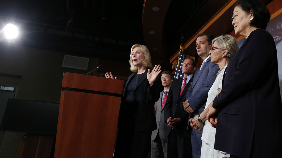 Sen. Kirsten Gillibrand speaks to reporters Tuesday. With her Sens. Rand Paul, R-Ky., Richard Blumenthal, D-Conn., Ted Cruz, R-Texas, Barbara Boxer, D-Calif. and Mazie Hirono, D-Hawaii, all of whom have endorsed her bill on military sexual assault. (Charles Dharapak/AP)