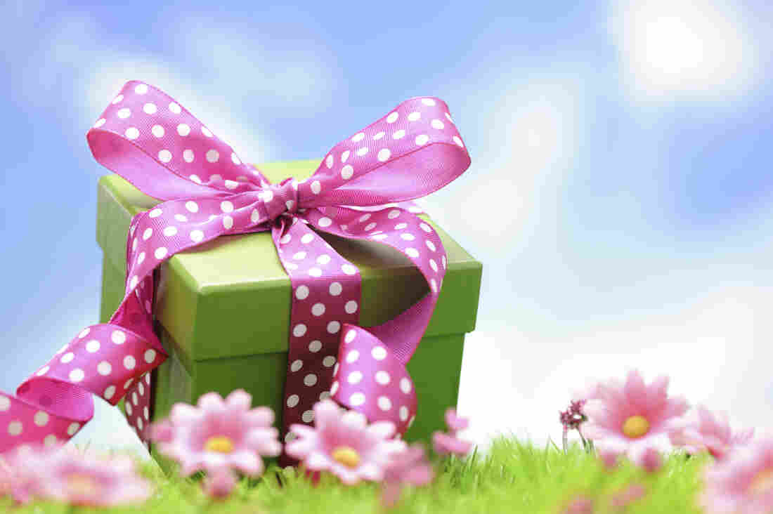 A green gift box with a pink bow in a flowery field with blue skies above.