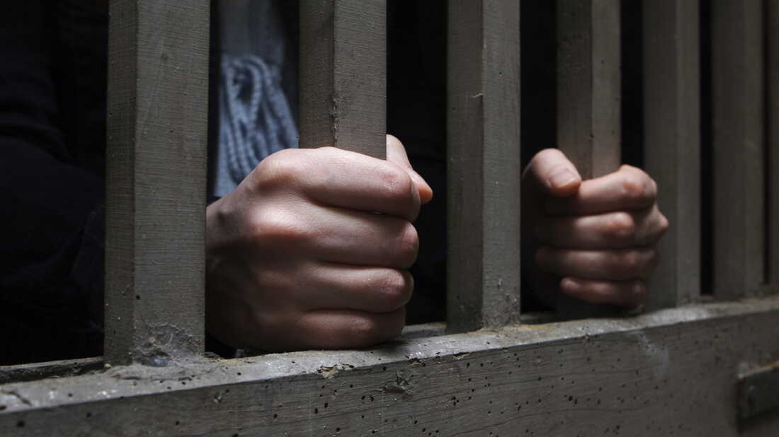 A pair of hands gripping jail-door bars.