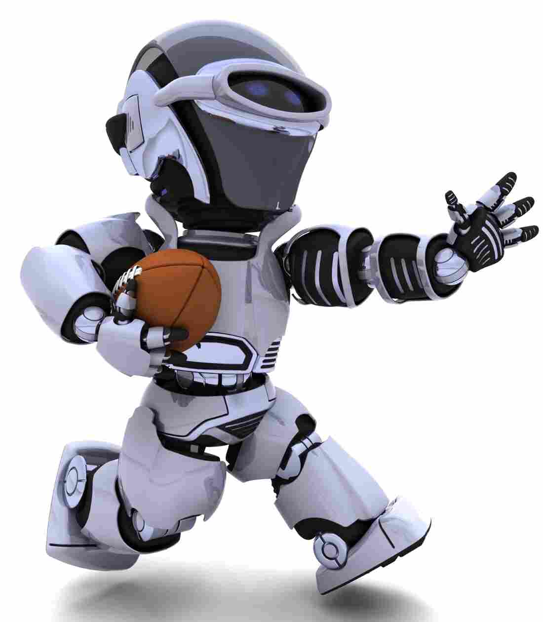 A 3-D rendering of a robot playing American football.