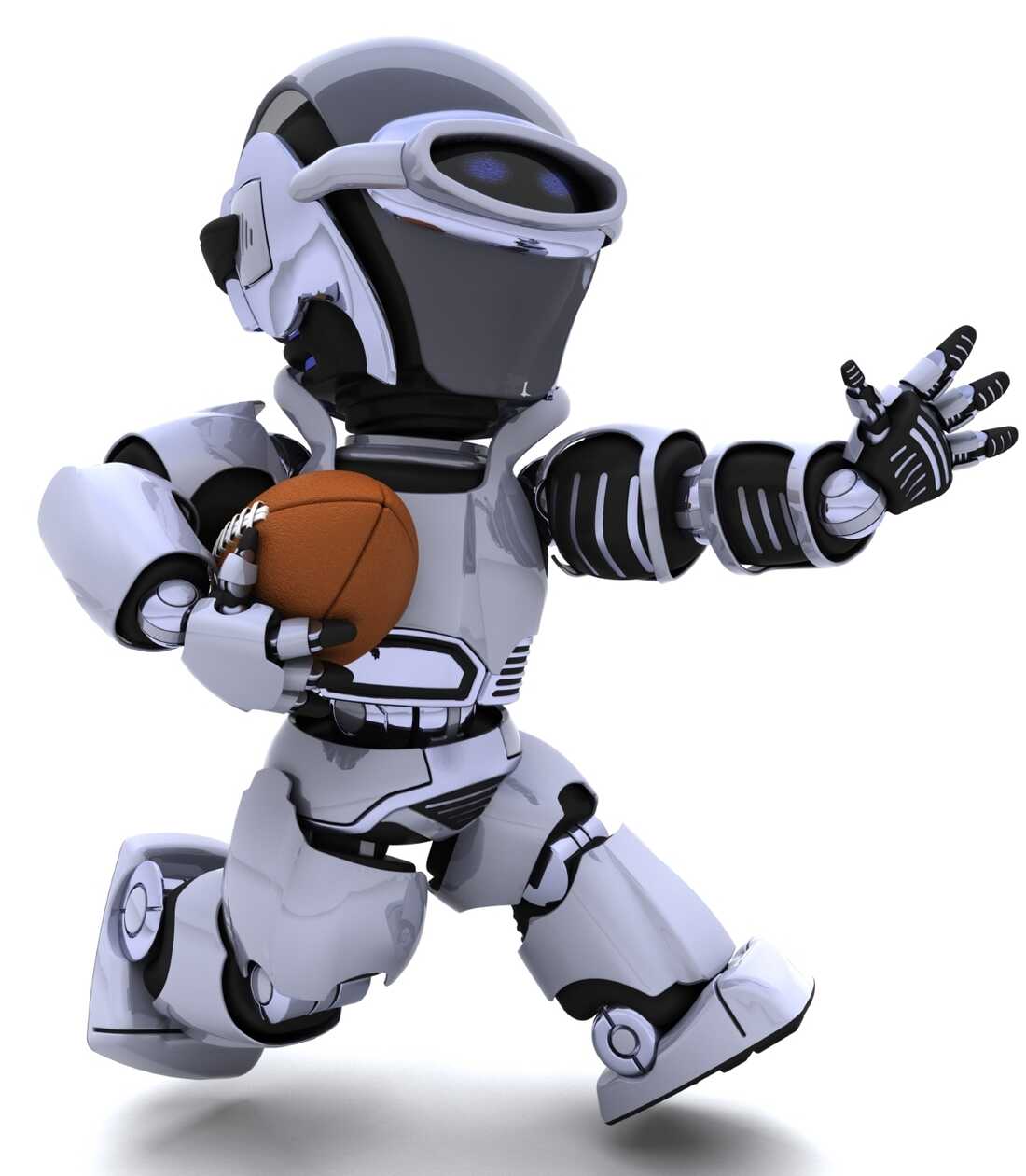 A 3-D rendering of a robot playing American football.