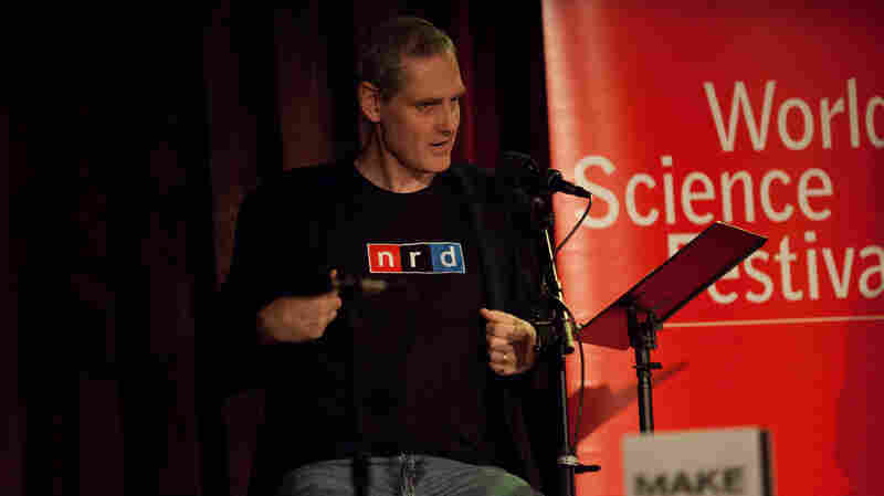Puzzle guru John Chaneski rocks his famous "nrd" shirt at the World Science Festival taping of Ask Me Another at The Bell House in Brooklyn.