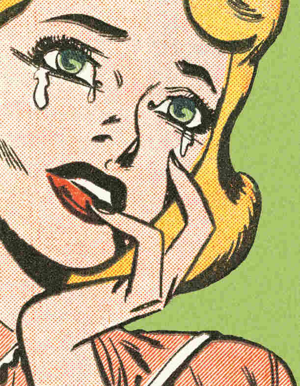 A comic-book style image of a woman crying.