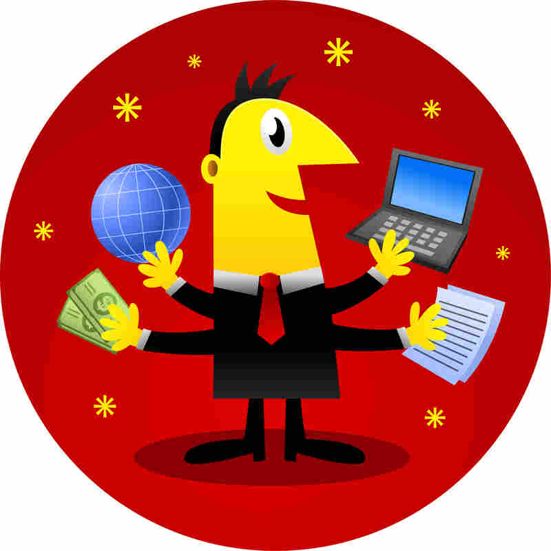 An illustration of a smiling man juggling multiple tasks with multiple arms.
