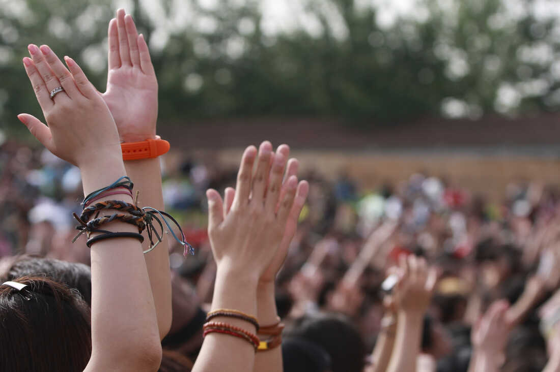 Hands raised up high, clapping at a concert.