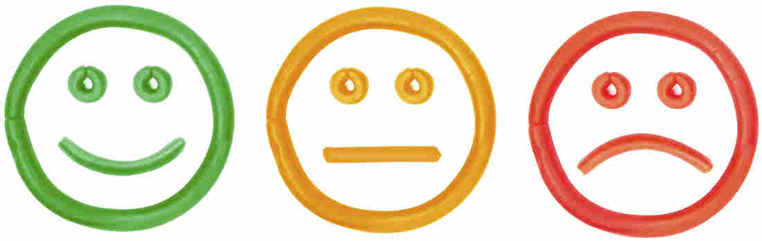 A simple illustration of a smiley face, blank face and sad face.