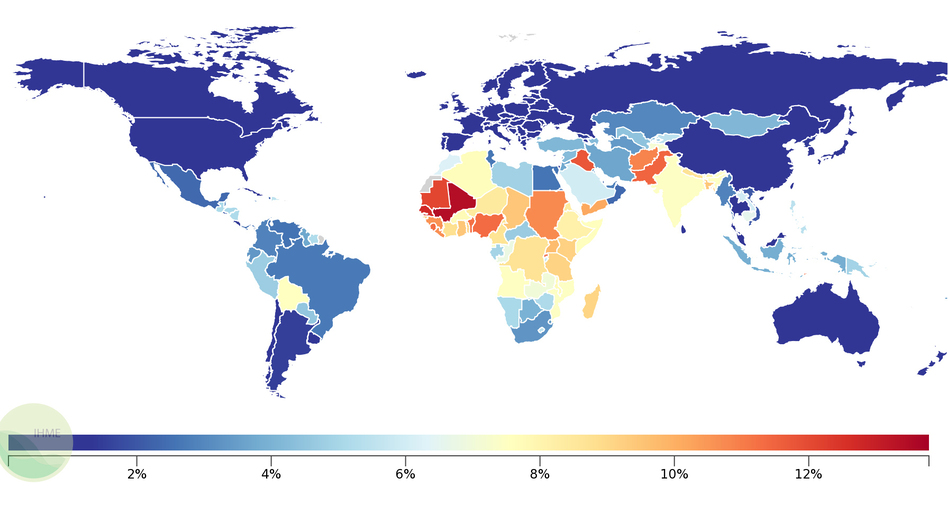 Percentage of deaths each year due to neonatal disorders around the globe. (Courtesy of the Institute for Health Metrics and Evaluation)