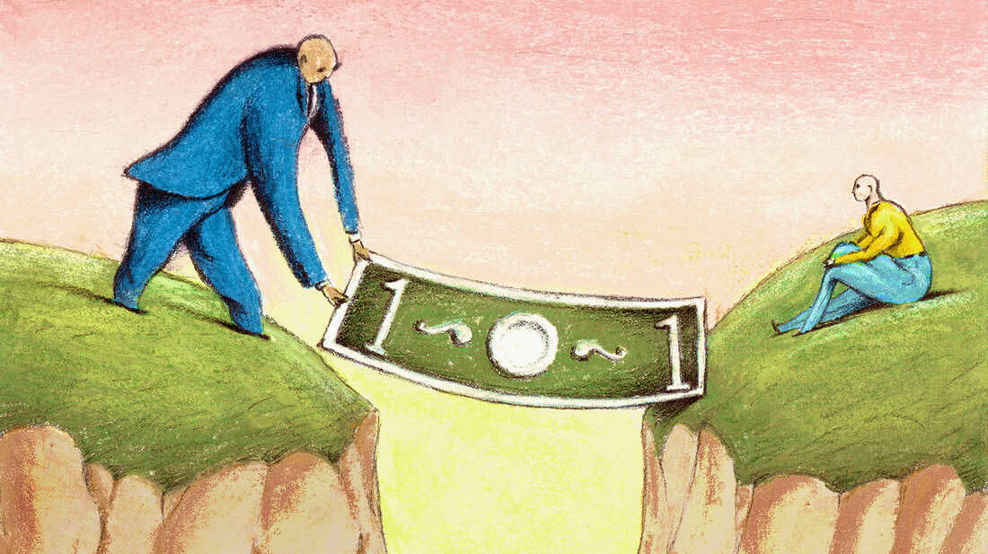 Businessman Laying Dollar Over Chasm