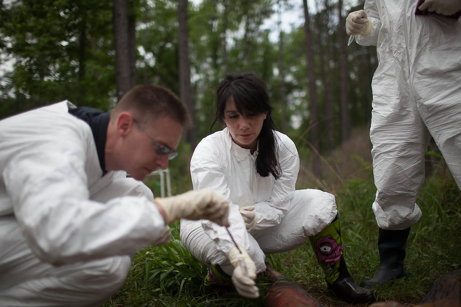 Knight (left) and Bucheli take soil samples from beneath one of the decomposing bodies. (Katie Hayes Luke for NPR)