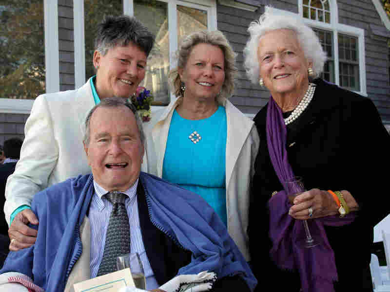 Former President George H.W. Bush, former first lady Barbara Bush, right, and their newly wedded friends Helen Thorgalsen, center, and Bonnie Clement.
