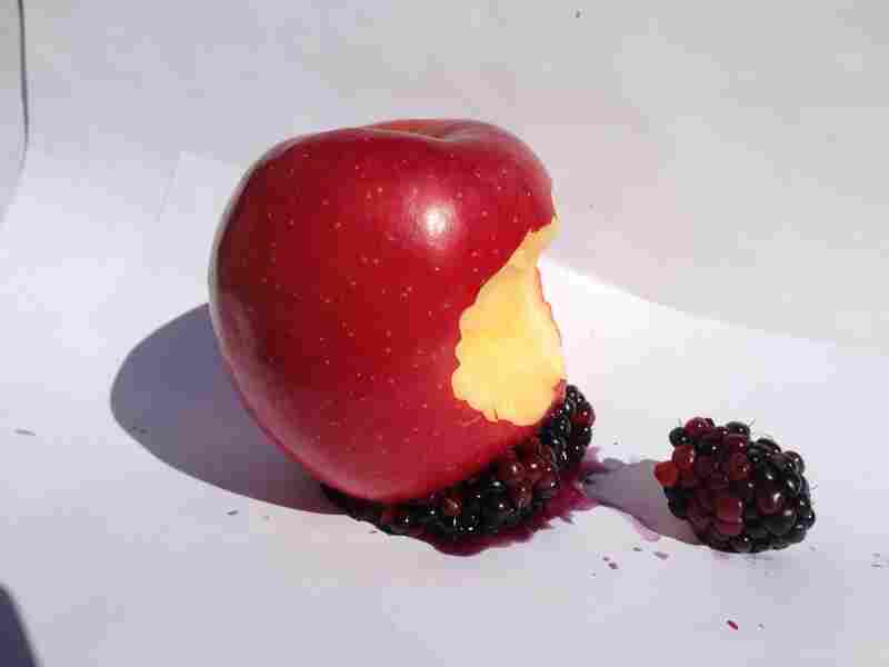 An apple crushes some blackberries.