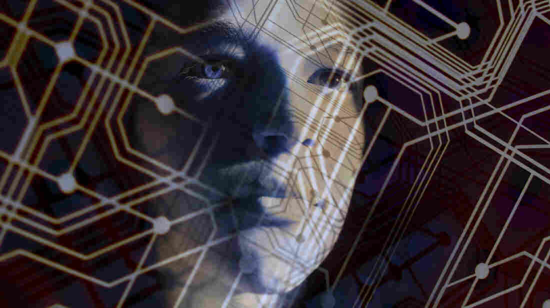 An illustration showing a face emerging from a pattern of circuits.