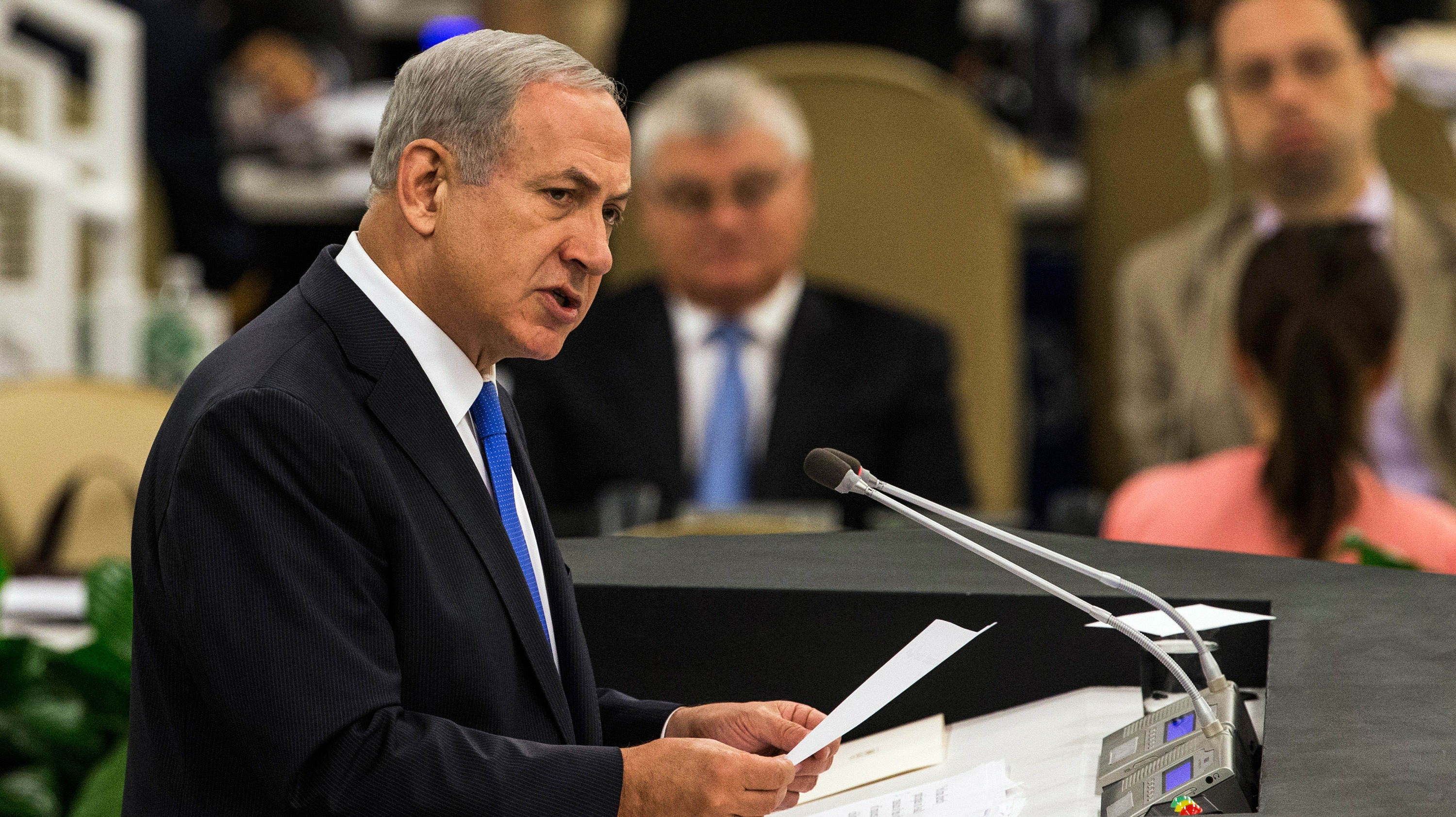 Israeli Prime Minister Benjamin Netanyahu speaks during the United Nations General Assembly on Tuesday in New York City. (Getty Images)