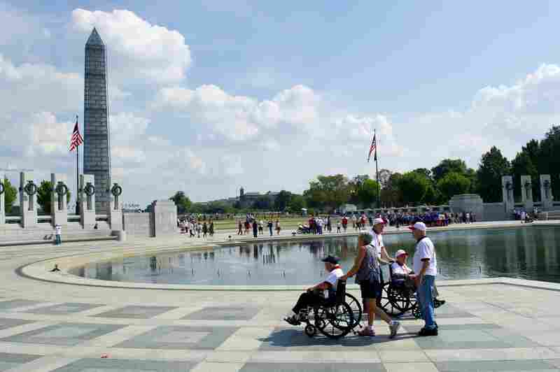 Veterans visit the World War II Memorial on Oct. 5. Several veterans' groups continued to make their pilgrimages to the war memorials despite the shutdown.