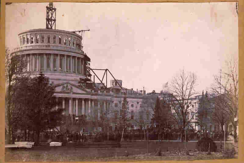 A view of the dome during the inauguration of Abraham Lincoln on March 4, 1861. By Lincoln's second inauguration, the dome was finished.