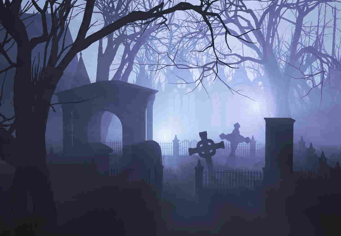 An illustration of a misty graveyard.