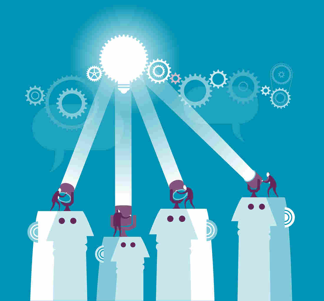 An illustration showing multiple people shining spotlights on a lightbulb.